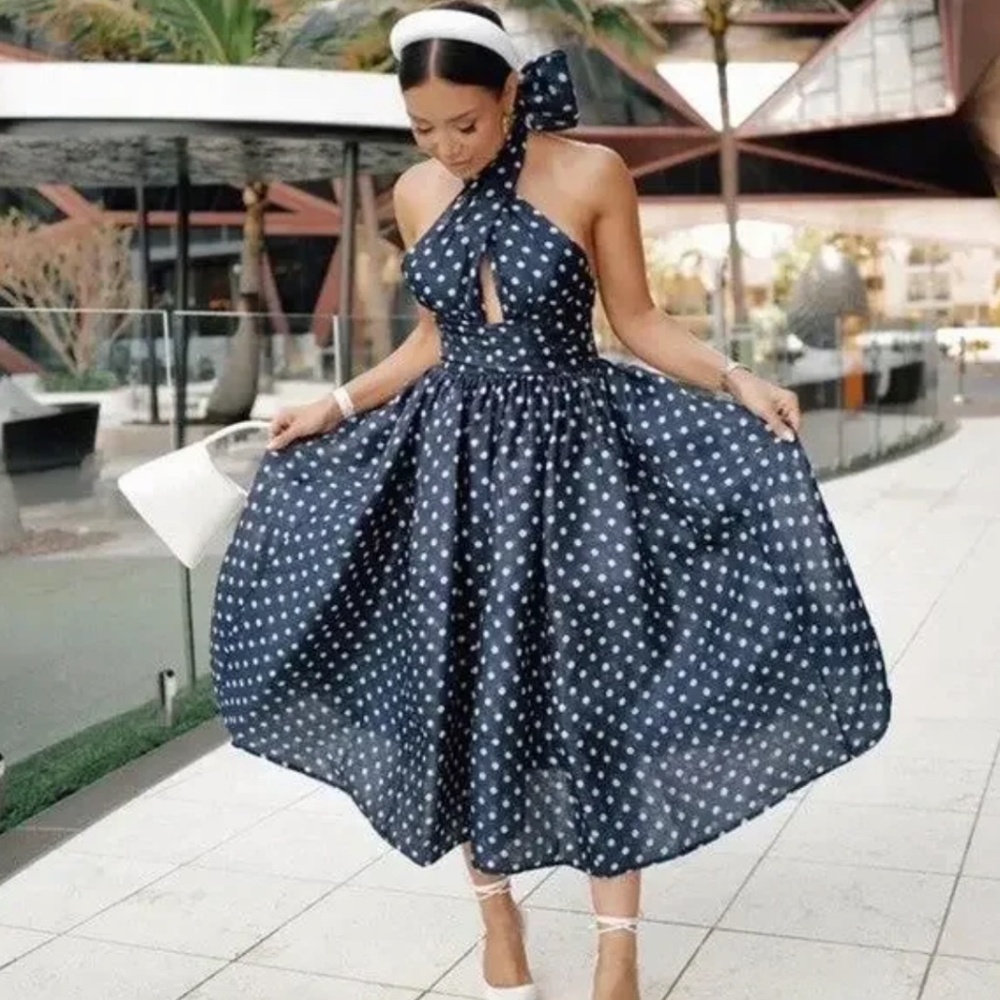 ZIMMERMANN High Tide Linen-Silk Halter Midi Dress Blue Polka Dot-Size 1